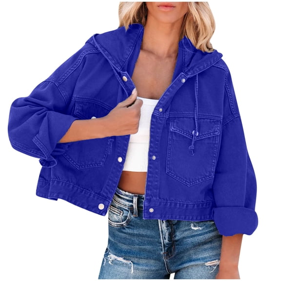 XFLWAM Women's Oversized Denim Jacket Long Sleeve Button Down Hooded Jean Coat with Pockets Blue S
