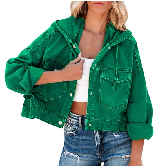 XFLWAM Women's Oversized Denim Jacket Long Sleeve Button Down Hooded Jean Coat with Pockets Green S