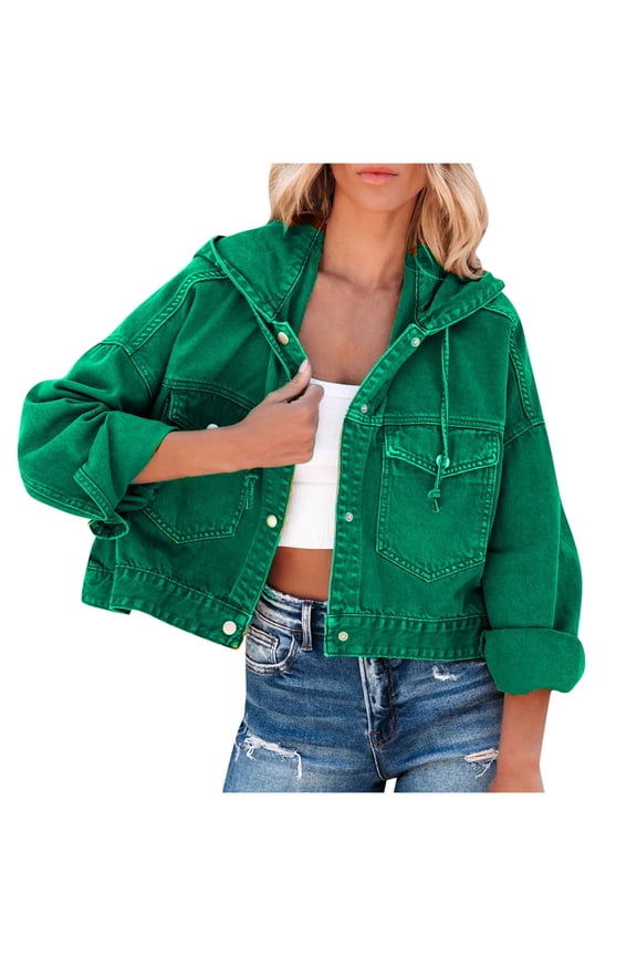 Women's Oversized Denim Jacket Long Sleeve Button Down Hooded Jean Coat with Pockets Green S