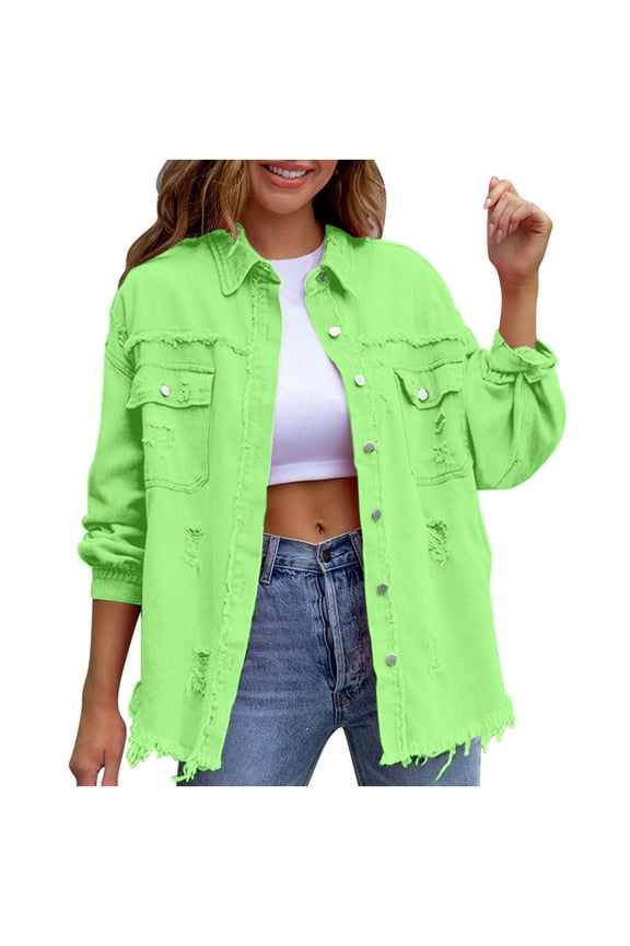 Women's Oversized Frayed Lightweight Denim Jacket Button Down Ripped Distressed Jean Shacket Mint Green L