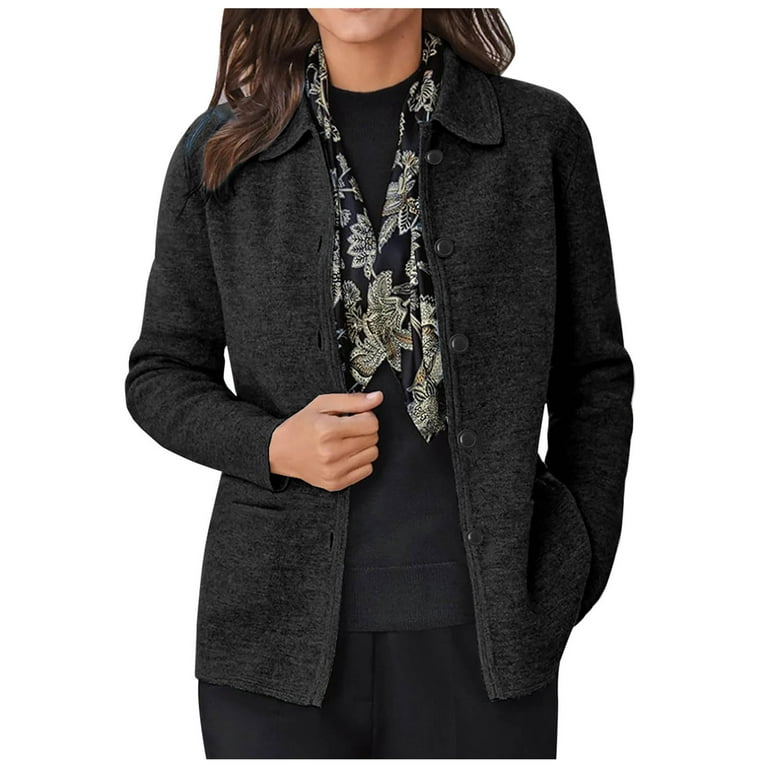 XFLWAM Women s Oversized Long Sleeve Shacket Jacket Lapel Solid Color Button Down Wool Blend Coats with Pockets Black M