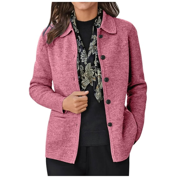 XFLWAM Women's Oversized Long Sleeve Shacket Jacket Lapel Solid Color Button Down Wool Blend Coats with Pockets Pink S