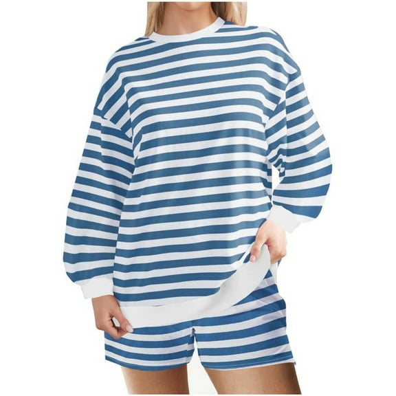 XFLWAM Women's Oversized Lounge Sets 2 Piece Outfits Long Sleeve Shorts Set Striped Matching Casual Set Long Sleeve Lounge Sets