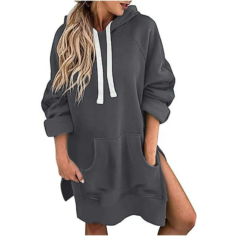 XFLWAM Women s Oversized Pullover Sweatshirt Casual Long Sleeve Split Hem Drawstring Hoodie Dress With Pocket Dark Gray L