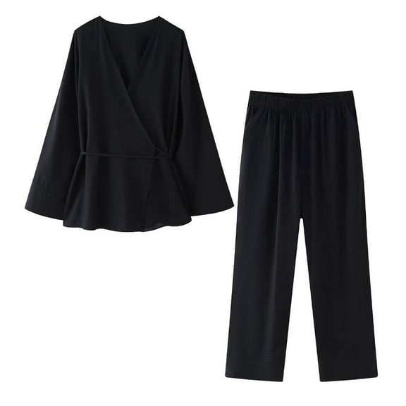 XFLWAM Women's Pajamas Sets Fashion Solid Color Cardigan Blouse Tops Sweatpant Loungewear Set Casual Going out Outfits