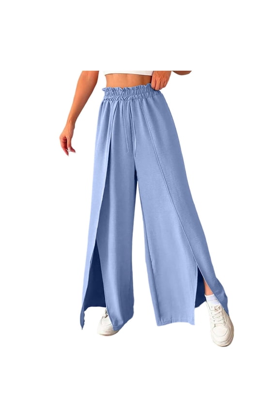 Women's Palazzo Pants Drawstring Elastic High Waist Wide Leg Slit Pants Split Loose Lightweight Flowy Trousers with Pockets Blue L