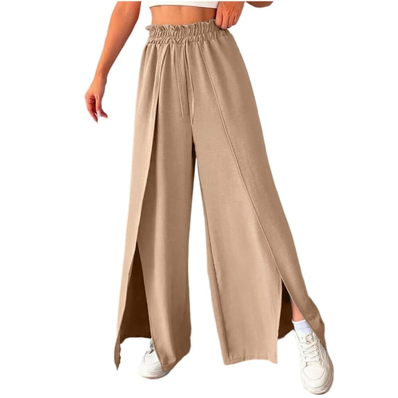 XFLWAM Women's Palazzo Pants Drawstring Elastic High Waist Wide Leg Slit Pants Split Loose Lightweight Flowy Trousers with Pockets Khaki M
