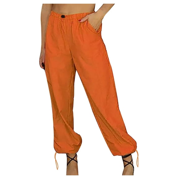XFLWAM Women's Parachute Pants Drawstring Elastic Low Waist Ruched Cargo Pants Streetwear Windbreaker Pants Orange S