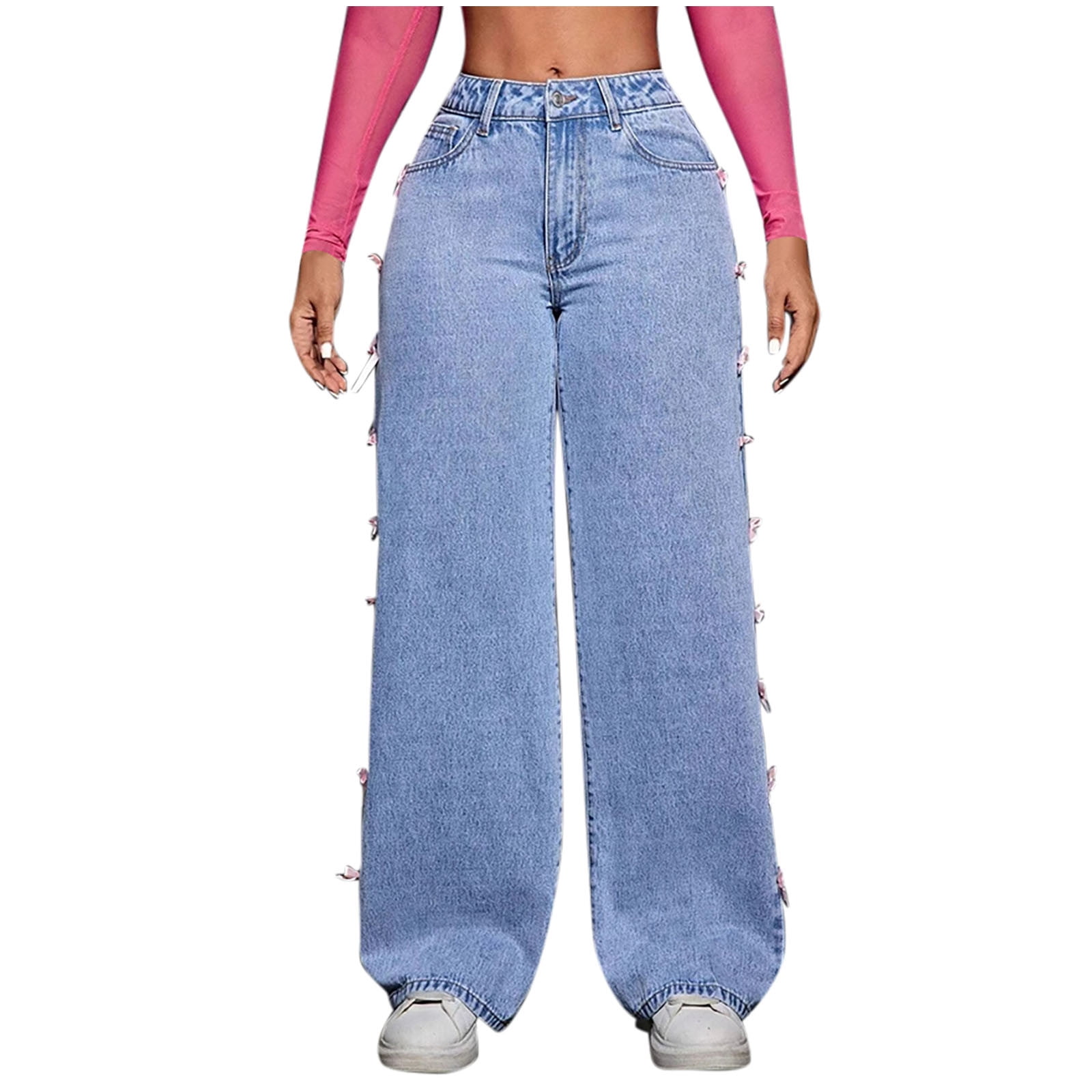Yimulli Women's Straight Leg High Waist Patch Jeans - Stretchy Y2K Boyfriend Fit, Vintage Denim Pants - View #5