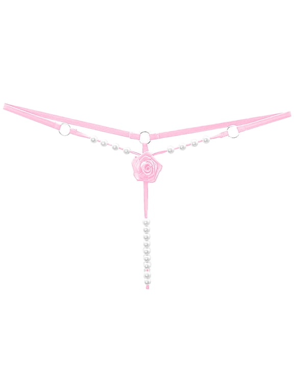 Women's Pearl T Back G String Embroidery Rose Flowers Beaded Thong Panty Underwear Sexy Micro Underpant Pink