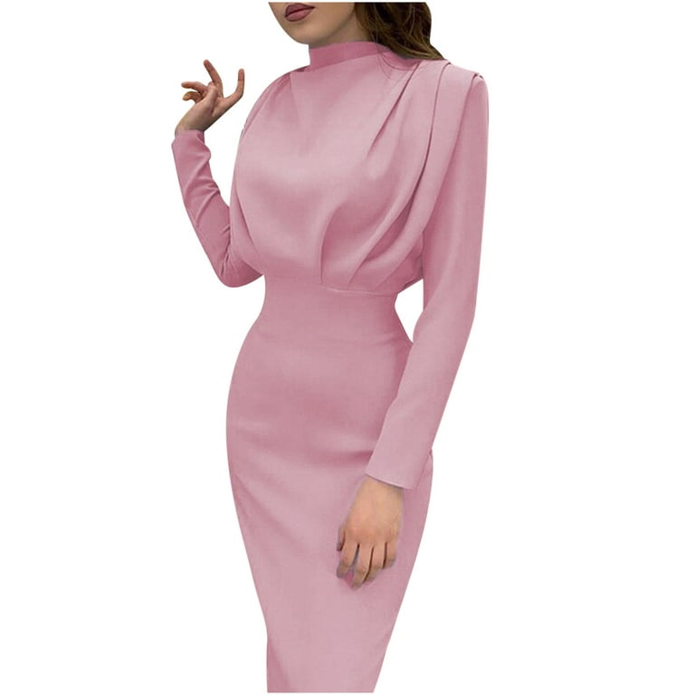 Xflwam Women's Pencil Work Dresses Long Sleeve High Neck Bodycon Business Dress Elegant Cocktail Party Dress Pink S, Size: Small