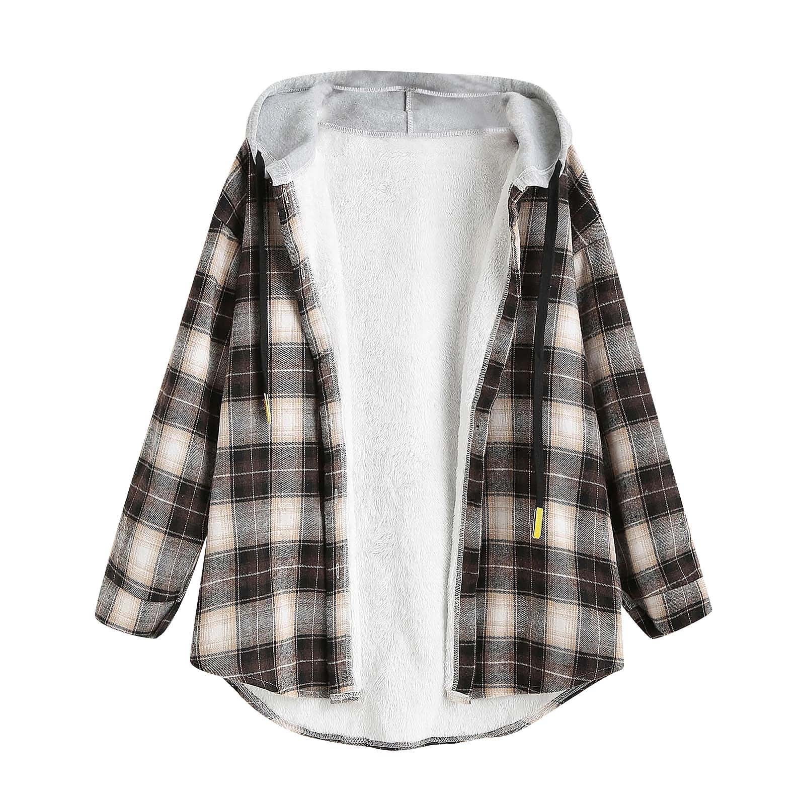 XFLWAM Women's Plaid Fleece Lined Hooded Jacket Button Up Oversized