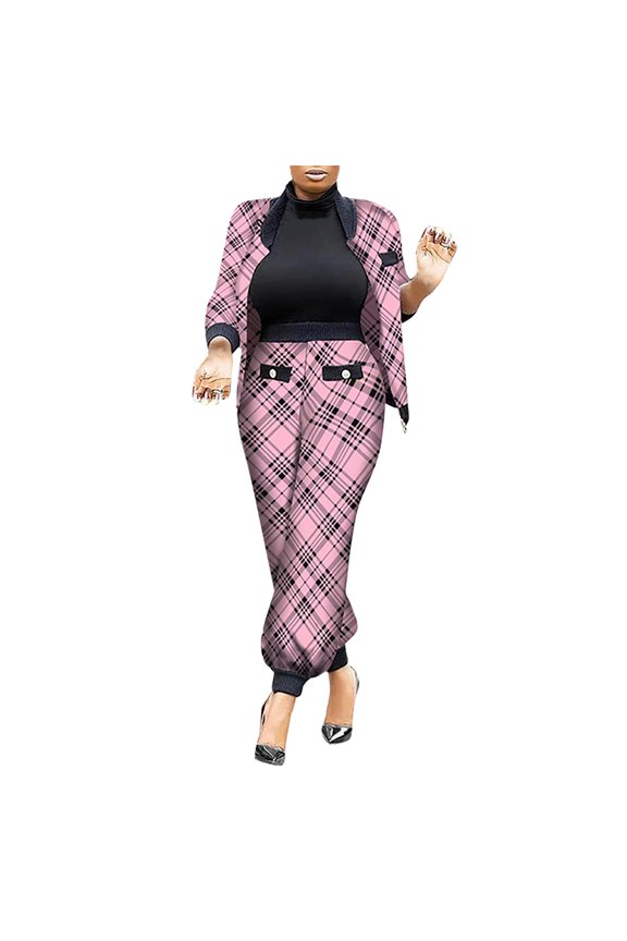 Women's Plaid Print 2 Piece Outfit Long Sleeve Button Down Coat Jacket Long Pants Set Work Suits Tracksuit Pink M