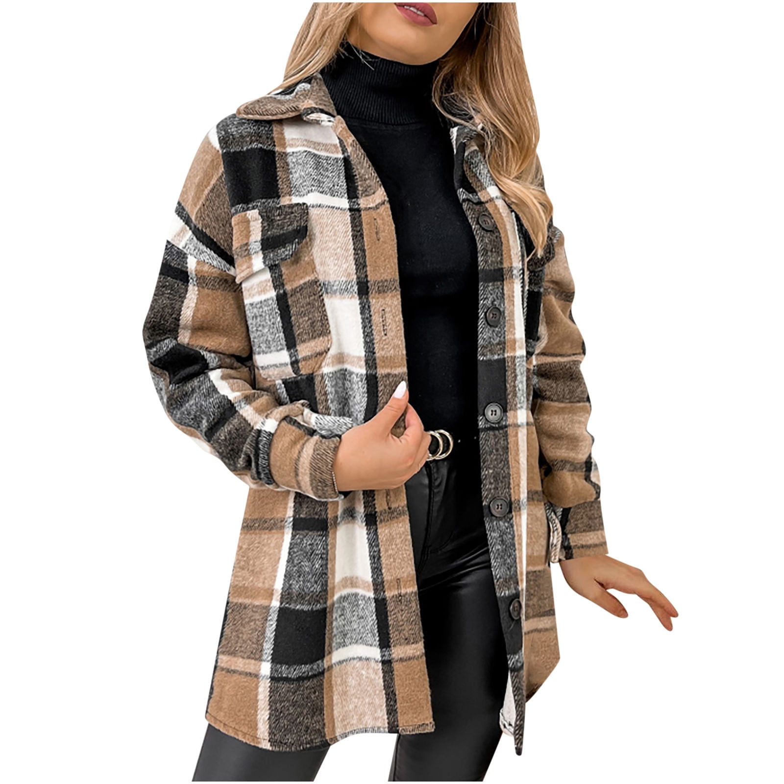 SMIDOW Women's Flannel Plaid Shacket Jacket Fashion Lattice Lapel Button  Casual Overcoat Fall Thin Woolen Coat Outerwear