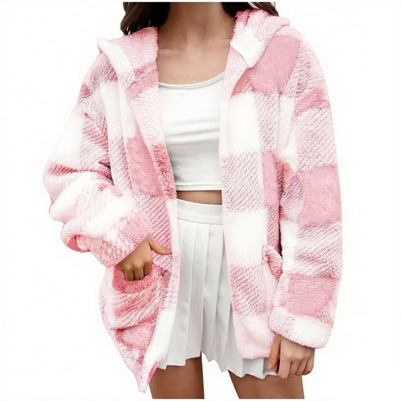 XFLWAM Women's Plaid Sherpa Jacket Plush Open Front Hooded Jacket Casual Fall Winter Fuzzy Fleece Cardigan Outerwear