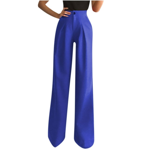XFLWAM Women's Pleated High Waist Satin Wide Leg Pants Casual Work Office Long Trousers Blue S