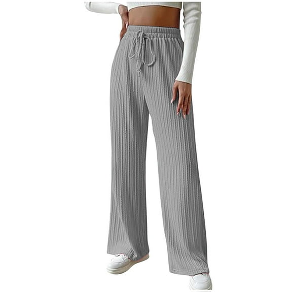 XFLWAM Women's Pleated Ribbed Sweatpants Drawstring Elastic High Waisted Wide Leg Palazzo Pants Casual Straight Leg Lounge Trousers Gray M