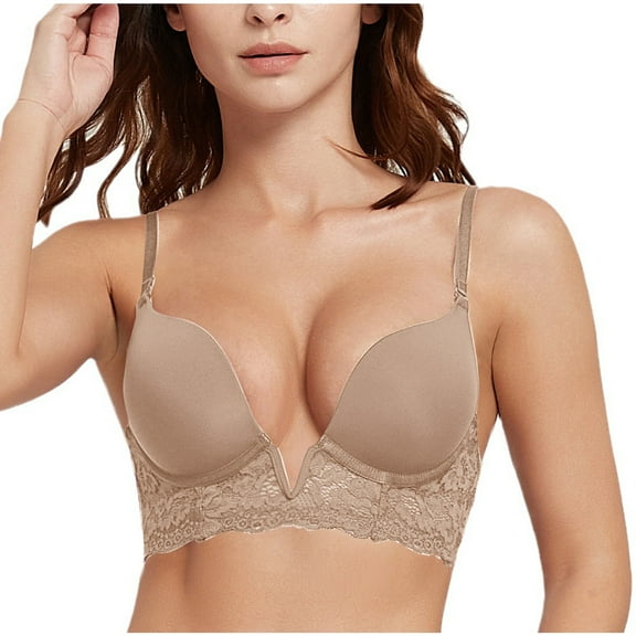 XFLWAM Women's Plunge Deep V Push Up Bras Longline Underwear Lace Underwire Padded Bralette Lift T Shirts Smooth Bras