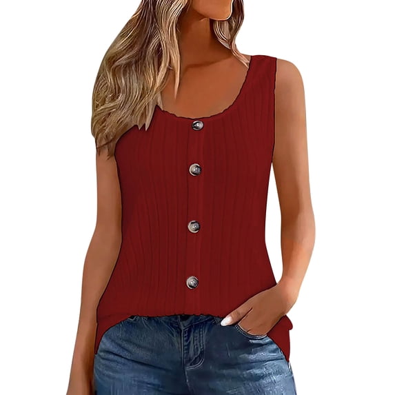 XFLWAM Women's Plus Size Tank Tops Crew Neck Sleeveless Button Down T Shirt Solid Color Casual Summer Camisole Vest