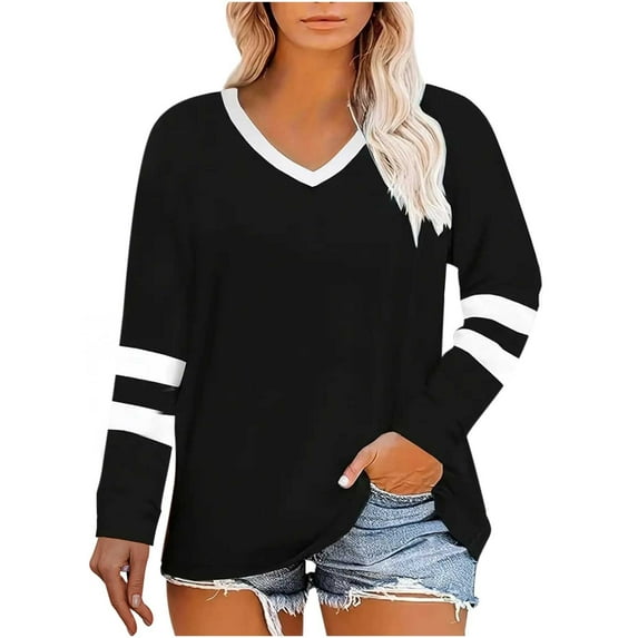 XFLWAM Women's Plus Size Tops Striped Color Block Long Sleeve V Neck T Shirts Casual Loose Fall Tunics Tee Shirt