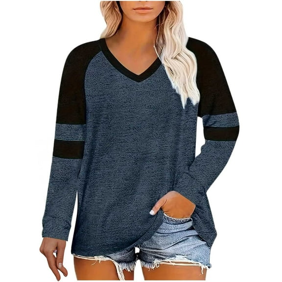 XFLWAM Women's Plus Size Tops Striped Color Block Long Sleeve V Neck T Shirts Casual Loose Fall Tunics Tee Shirt