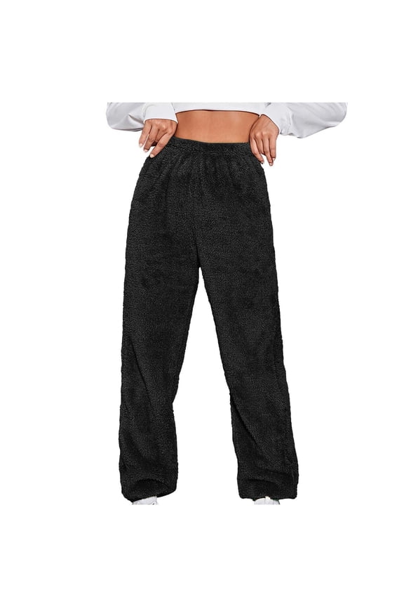 Women's Plush Fuzzy Pajama Pants Winter Warm Soft Home Pjs Bottoms Drawstring Fleece Sweatpants Comfy Yoga Pajams Fluffy Black 5XL
