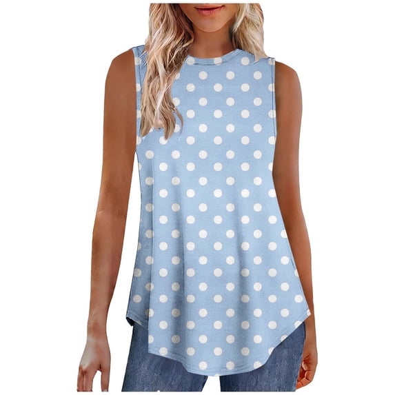 XFLWAM Women's Polka Dot Tank Tops Sleeveless Crew Neck Casual T Shirts Summer Vacation Tees Tops with Curved Hem