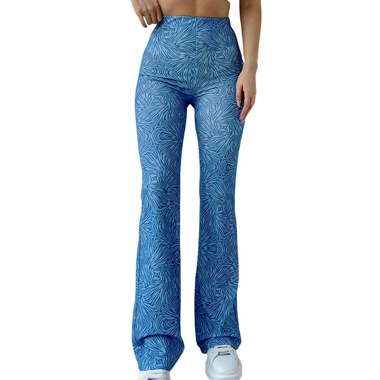 XFLWAM Women's Print High Waisted Flare Pants Leggings Bell Bottom Wide Leg  Lounge Pants Trousers Blue S