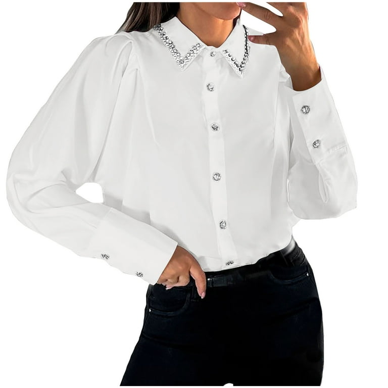 XFLWAM Women's Puff Long Sleeve Button Down Shirts Lapel V