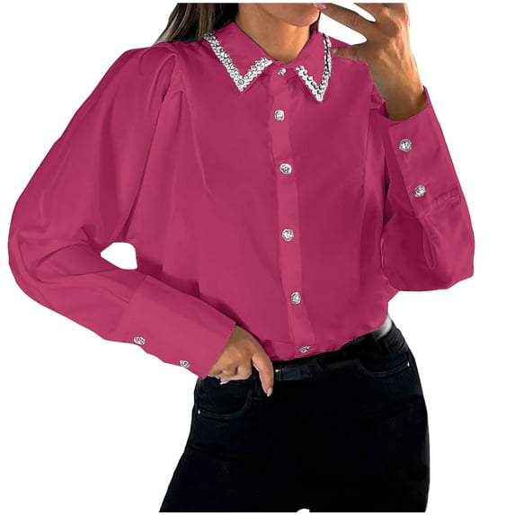 XFLWAM Women's Puff Long Sleeve Button Down Shirts Lapel V Neck Rhinestone Collar Work Blouses Business Casual Tops