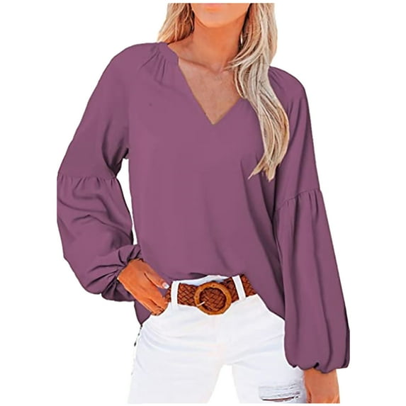 XFLWAM Women's Puff Long Sleeve T Shirt Dressy Casual Ruffle V Neck Tops Blouse Purple S