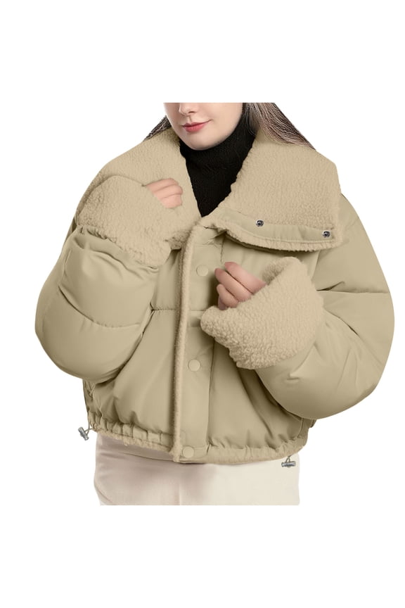 Women's Puffer Jacket Long Sleeve Lapel Fleece Sherpa Lined Quilted Jackets Warm Winter Down Coats Outerwear with Pockets Khaki M