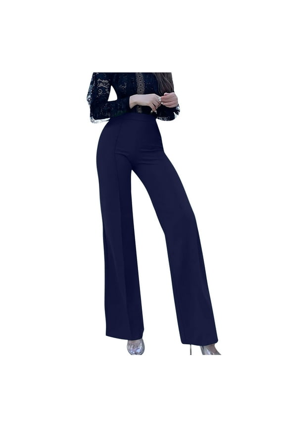 Women's Pull-on Stretchy Dress Pants with High Waist Slacks with Pockets for Business Casual Navy Blue L
