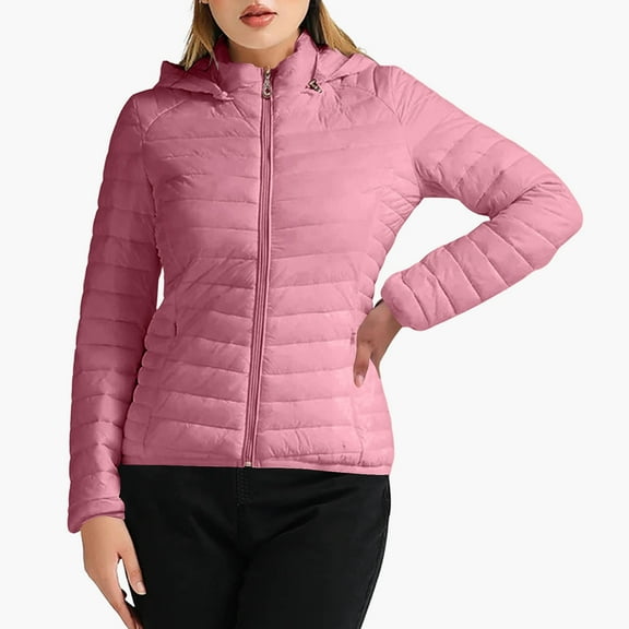 XFLWAM Women's Quilted Down Jacket Zip Up Hooded Puffer Jacket Lightweight Solid Color Warm Winter Coats