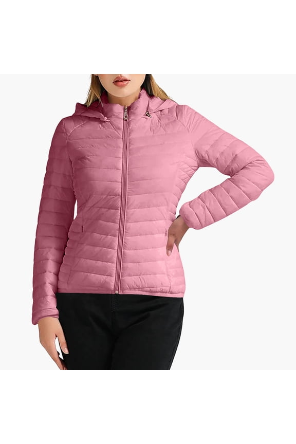 Women's Quilted Down Jacket Zip Up Hooded Puffer Jacket Lightweight Solid Color Warm Winter Coats