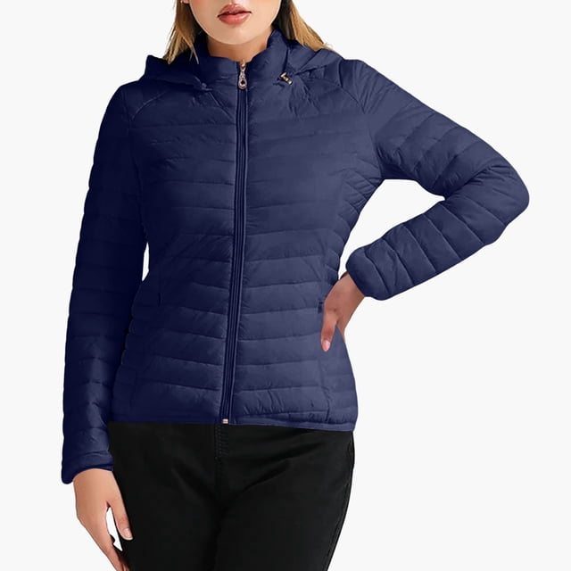 XFLWAM Women's Quilted Down Jacket Zip Up Hooded Puffer Jacket Lightweight Solid Color Warm Winter Coats