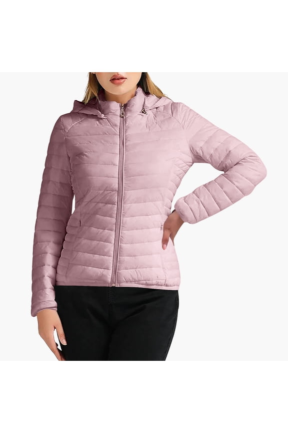 Women's Quilted Down Jacket Zip Up Hooded Puffer Jacket Lightweight Solid Color Warm Winter Coats
