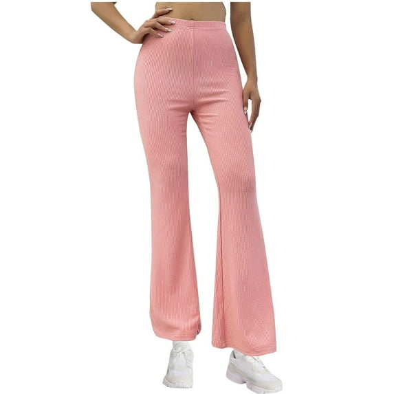 XFLWAM Women's Ribbed Knit Flare Pants High Waisted Wide Leg Leggings Casual Solid Color Yoga Flare Leggings