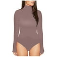 thumbnail image 1 of XFLWAM Women's Ribbed Knit Turtle Neck Lettuce Trim Thumb Hole Long Sleeve Bodysuit Leotard Top Beige L, 1 of 6