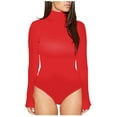 thumbnail image 1 of XFLWAM Women's Ribbed Knit Turtle Neck Lettuce Trim Thumb Hole Long Sleeve Bodysuit Leotard Top Red S, 1 of 6