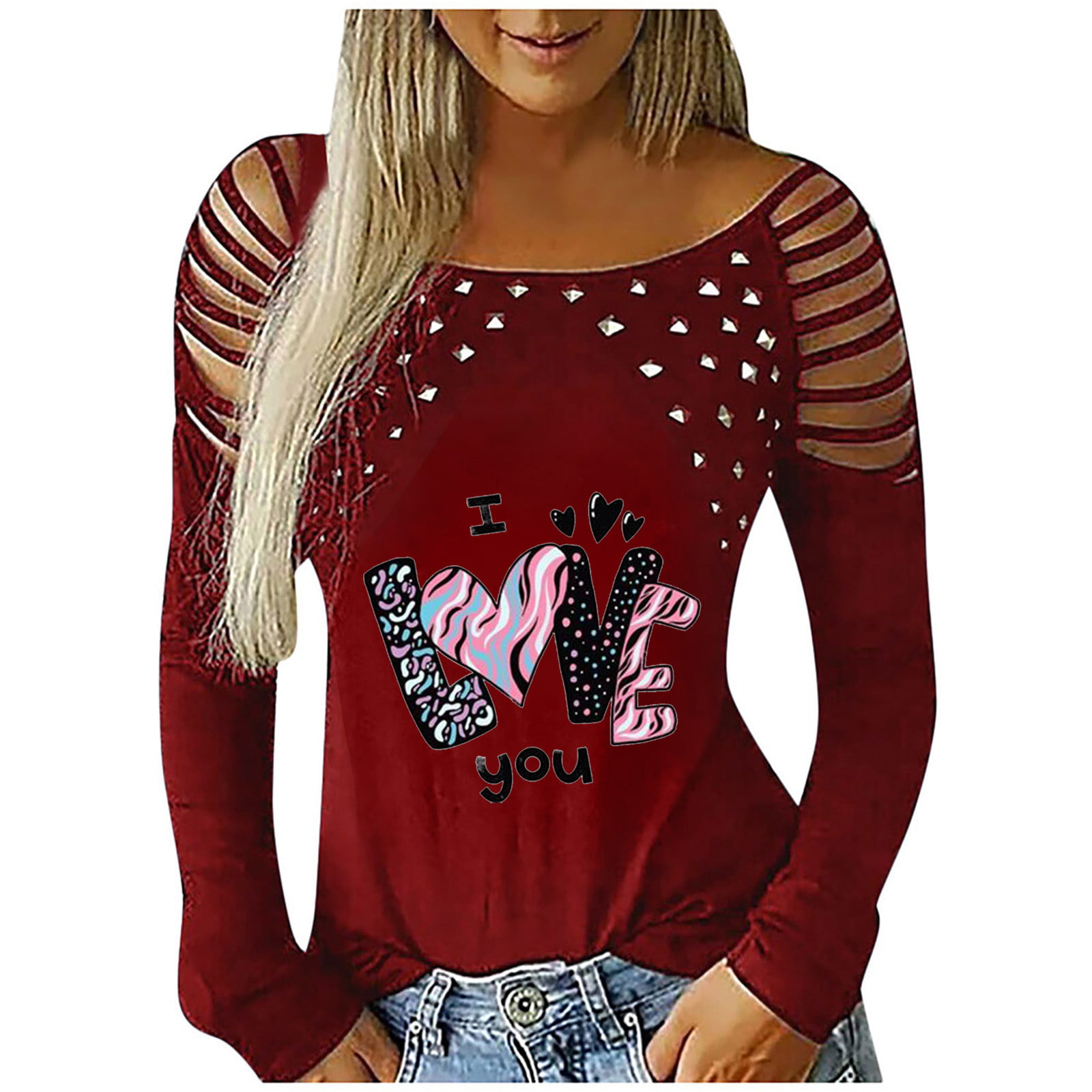 XFLWAM Women's Round Neck Valentine's Day Tops T-shirt Cut Out Long ...