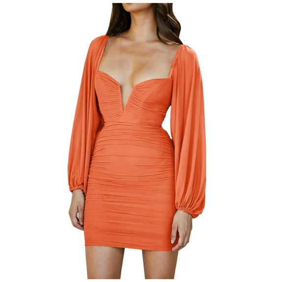 XFLWAM Women's Ruched V Neck Bodycon Dress Lantern Long Sleeve Mesh Backless Solid Color Mini Dresses Orange XL