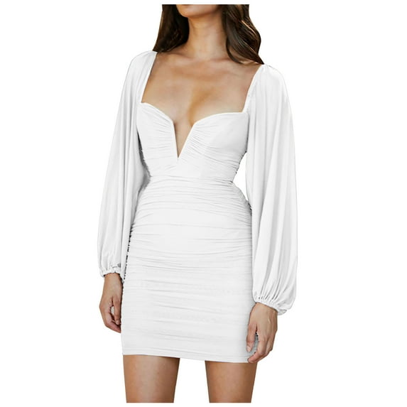 XFLWAM Women's Ruched V Neck Bodycon Dress Lantern Long Sleeve Mesh Backless Solid Color Mini Dresses White M