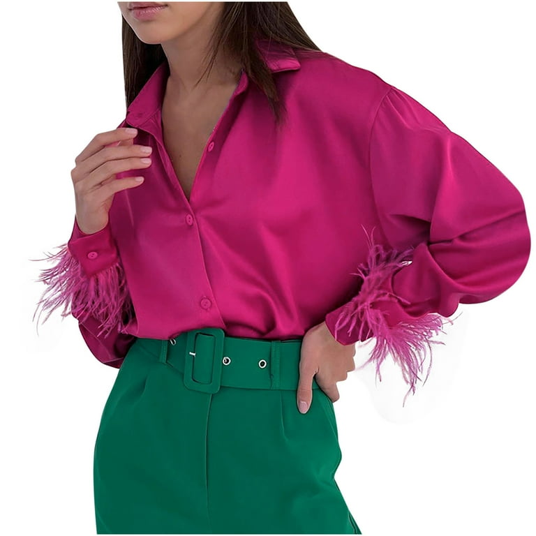 XFLWAM Women's Satin Silk Button Down Shirt Lapel Long Sleeve Feather Cuff  Blouse Office Work Tunic Tops Pink L