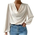 thumbnail image 1 of XFLWAM Women's Satin Silk Draped Cowl Neck Ruched Top Long Sleeve Solid Color Blouse Shirt Beige S, 1 of 5