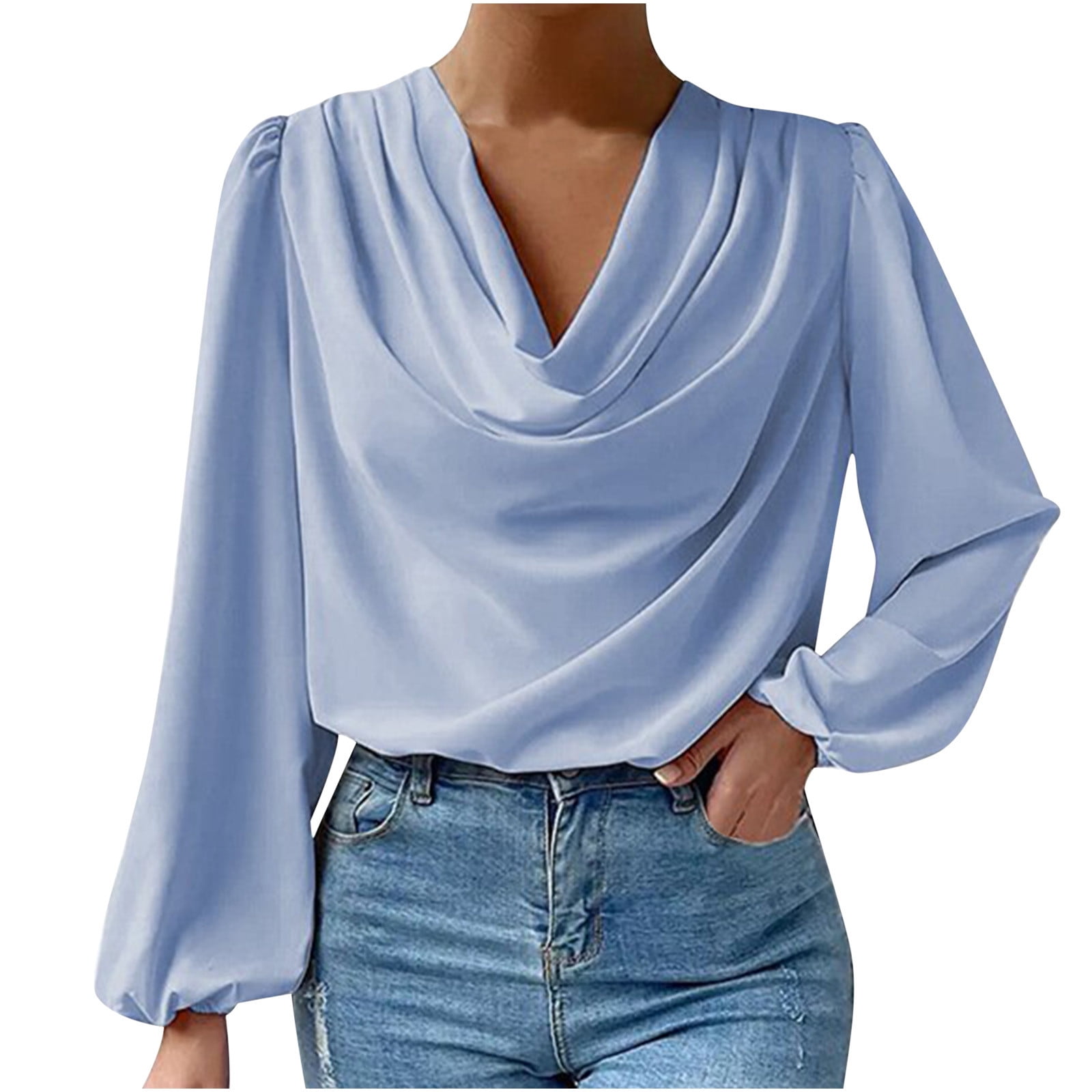 XFLWAM Women's Satin Silk Draped Cowl Neck Ruched Top Long Sleeve