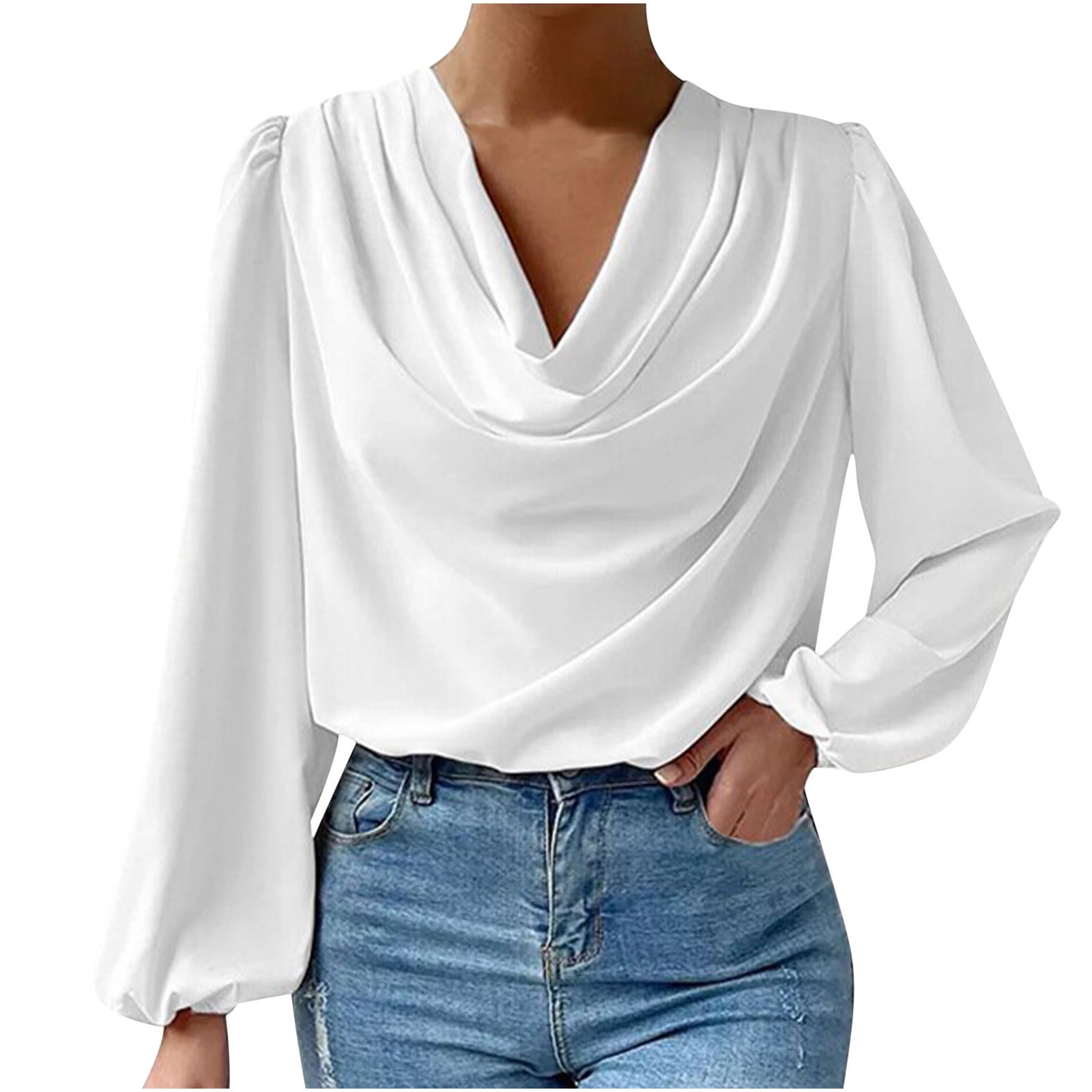 ★MOHAN★ RTS DRAPED NECK SILKET TOP _3COLORS XFLWAM Women's Satin Silk Draped Cowl Neck Ruched Top Long