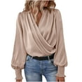 thumbnail image 1 of XFLWAM Women's Satin Silky Cowl Neck Tops Draped Wrap V Neck Ruched Front Long Sleeve Blouse Solid Color Shirt with Smocked Cuff Beige M, 1 of 7