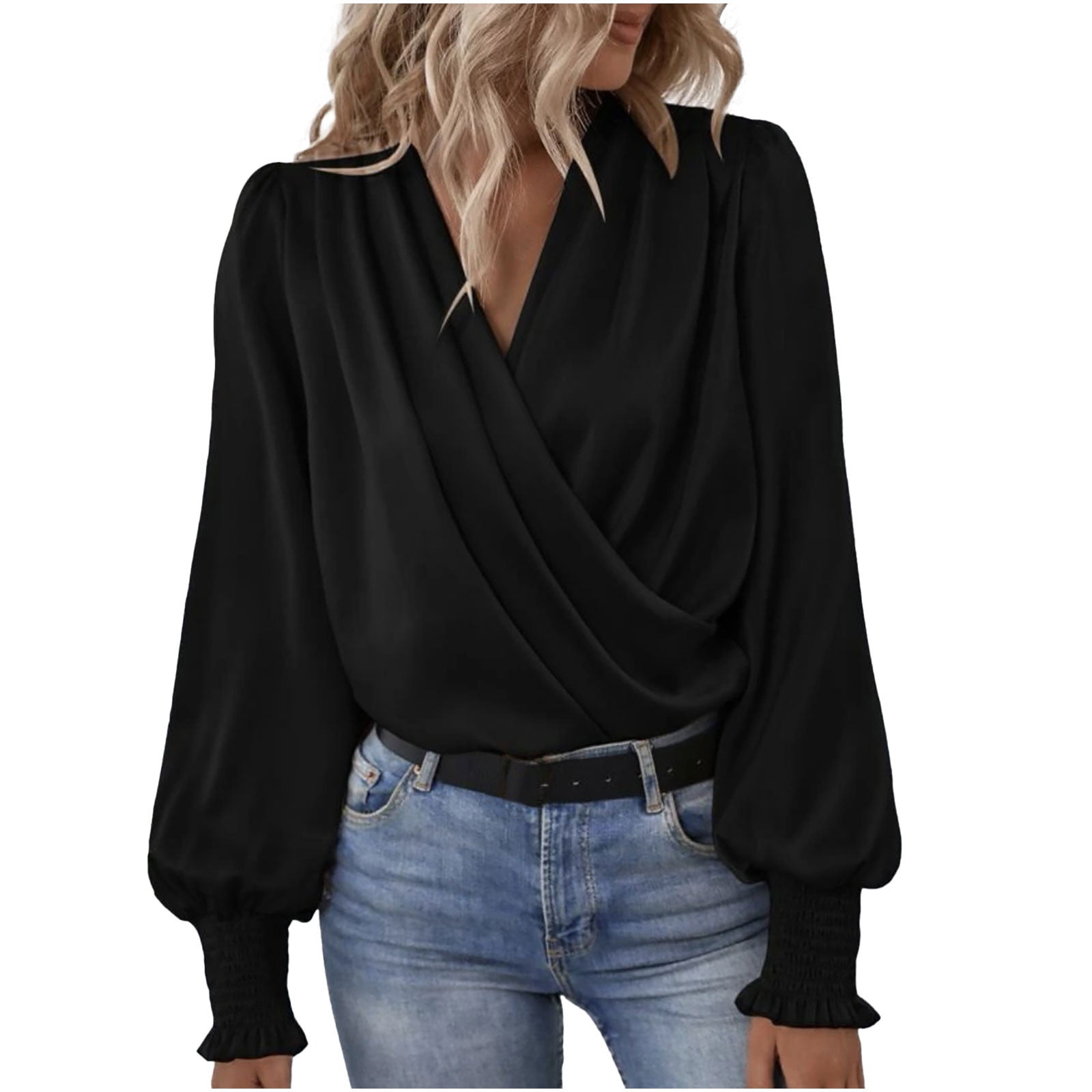 Şans Women's Black Large Size Wrap Fabric V-Neck Blouse with