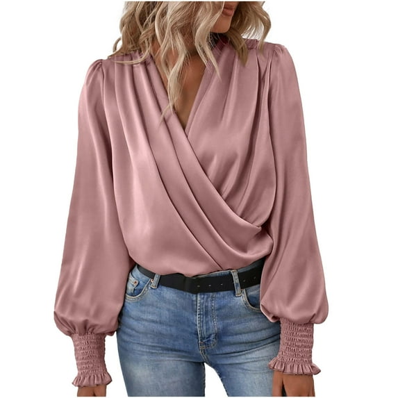 XFLWAM Women's Satin Silky Cowl Neck Tops Draped Wrap V Neck Ruched Front Long Sleeve Blouse Solid Color Shirt with Smocked Cuff Pink S